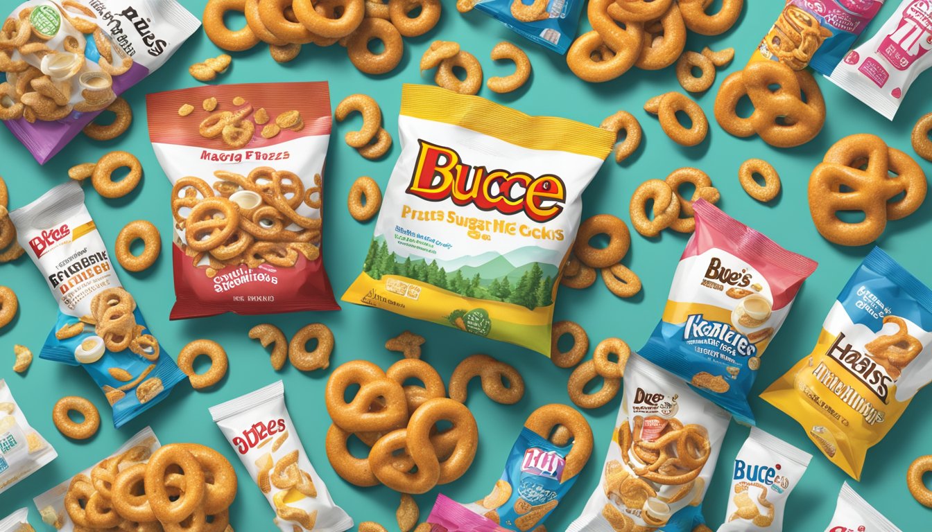 A pile of yogurt pretzels spilling out of a Buc-ee's branded bag, surrounded by various other snacks labeled with their sugar content