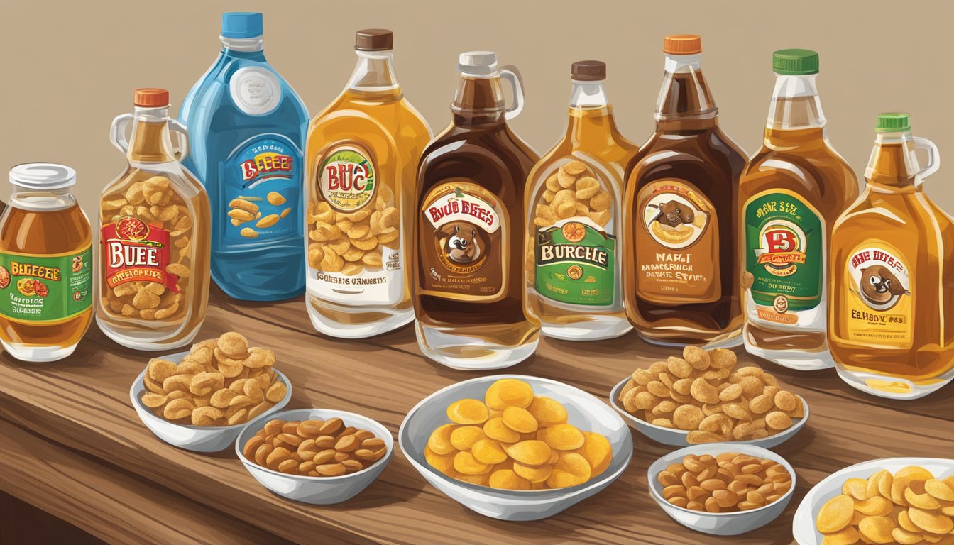 A table with various Buc-ee's snacks arranged in rows, with a bottle of Buc-ee's Maple Syrup placed prominently in the center