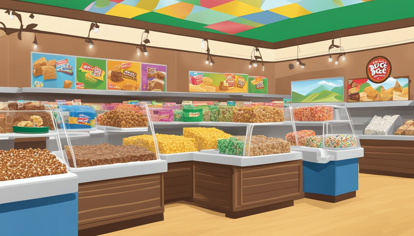 A display of Buc-ee's Rocky Road Fudge and other snacks, ranked by sugar content, in a colorful and inviting setting