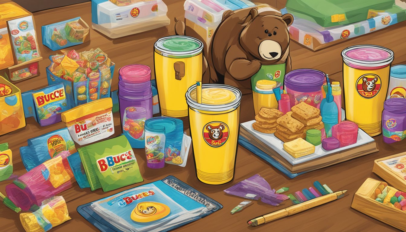 A colorful Buc-ee's tumbler surrounded by various Buc-ee's products arranged neatly on a table, ready to be given as teacher gifts