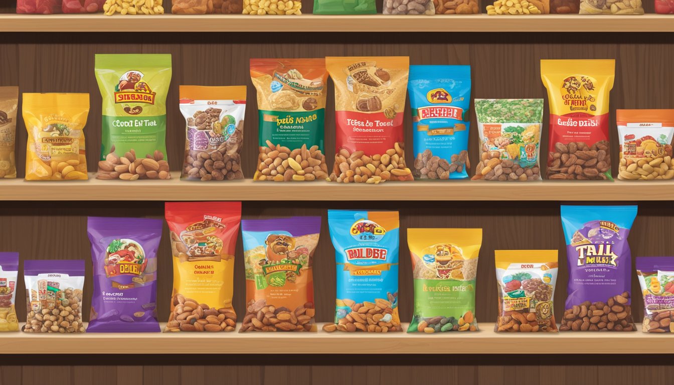 A colorful display of Buc-ee's Trail Mix and other products arranged on a shelf, with a sign promoting them as great teacher gifts