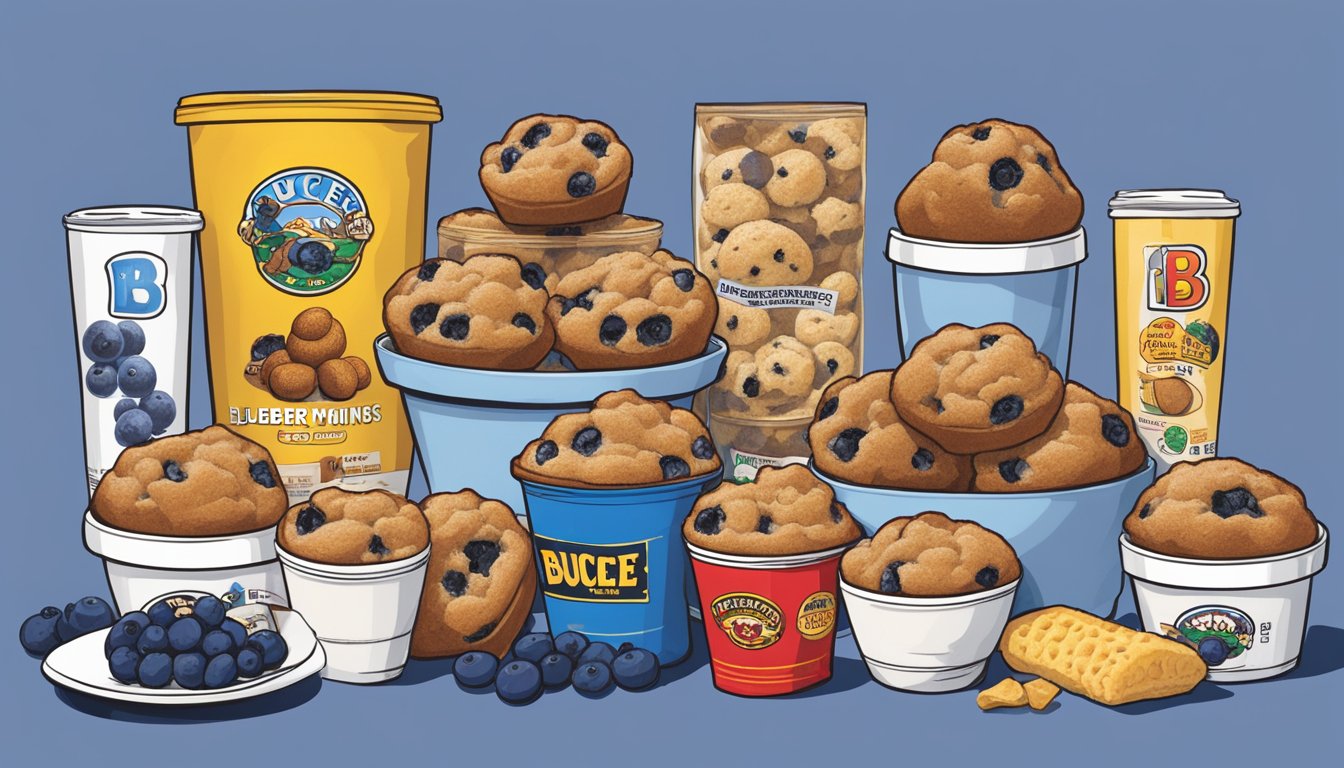 A display of Buc-ee's blueberry muffins and various snacks, arranged by sugar content, with the iconic Buc-ee's logo visible