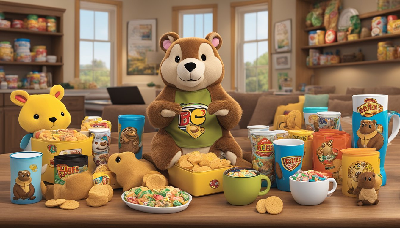 A plush Buc-ee's beaver toy surrounded by various Buc-ee's products, such as mugs, keychains, and snacks, arranged on a table