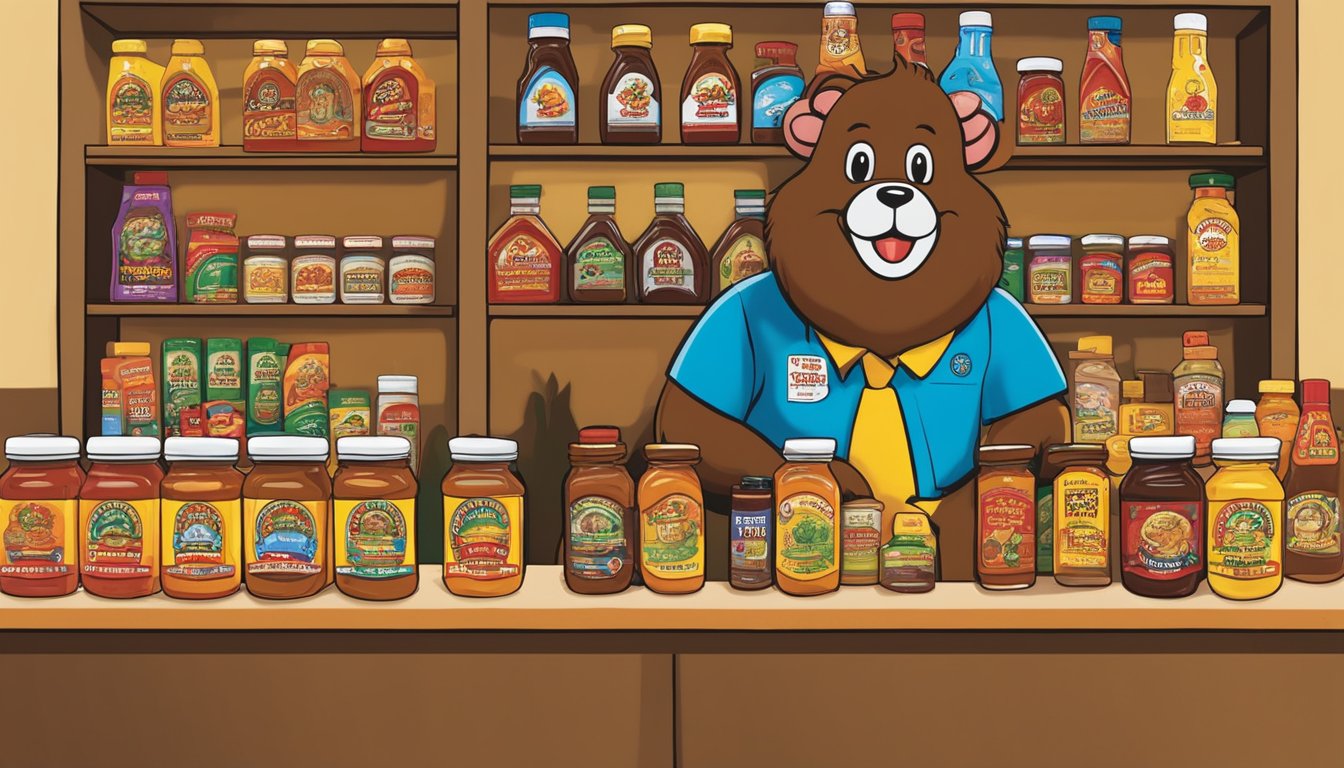 A colorful display of Buc-ee's BBQ sauce and other products arranged on a shelf, with a teacher's desk in the background