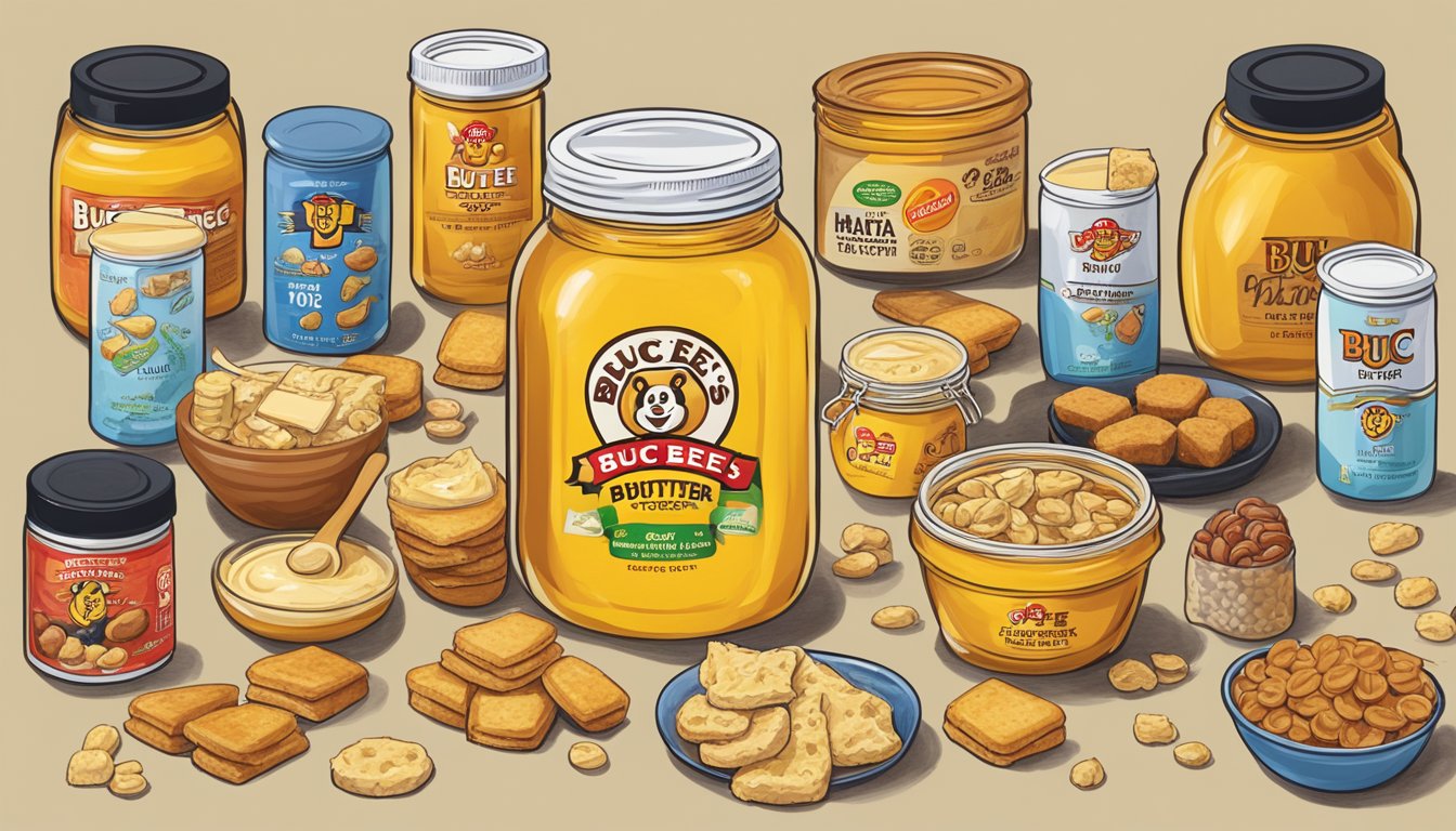 A jar of Buc-ee's Honey Butter surrounded by various Buc-ee's snacks arranged in a ranking based on their sugar content