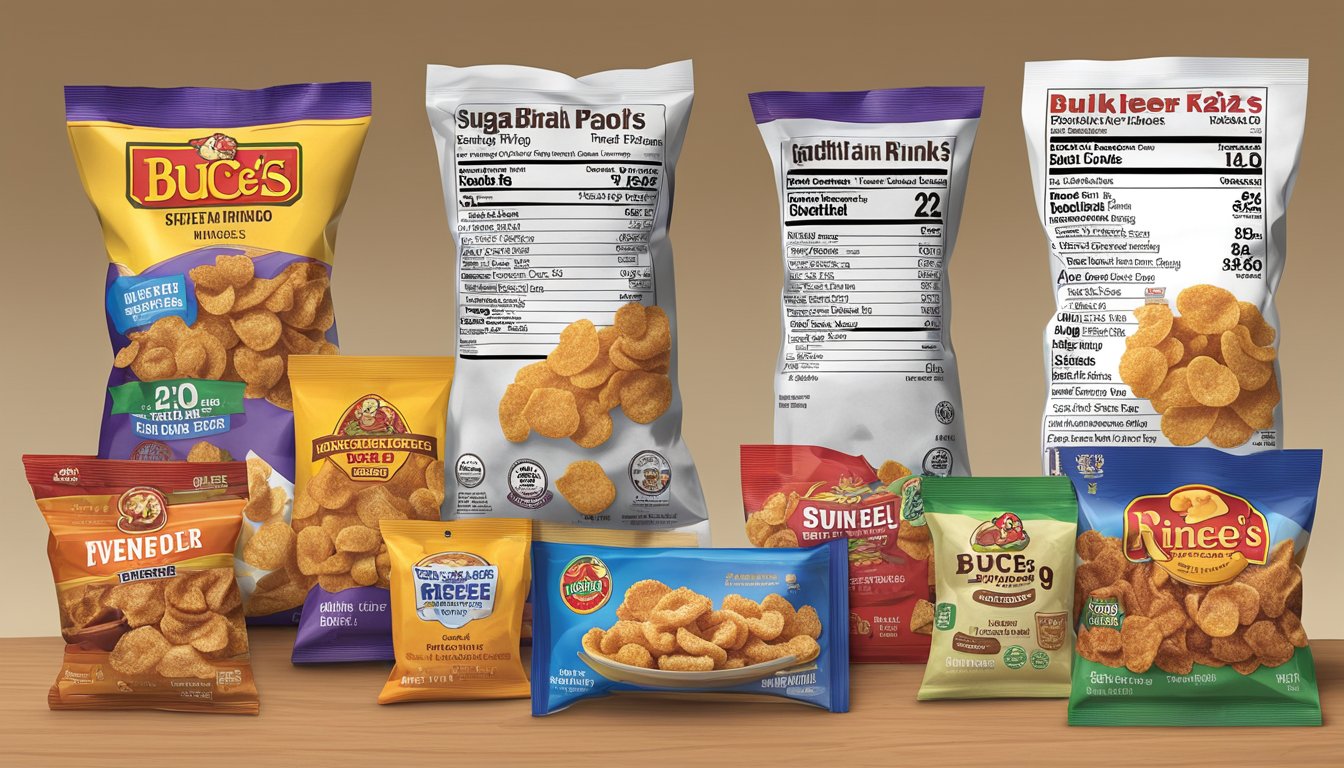 A bag of Buc-ee's Sweet BBQ Pork Rinds sits among a variety of snacks, with a list ranking them by sugar content