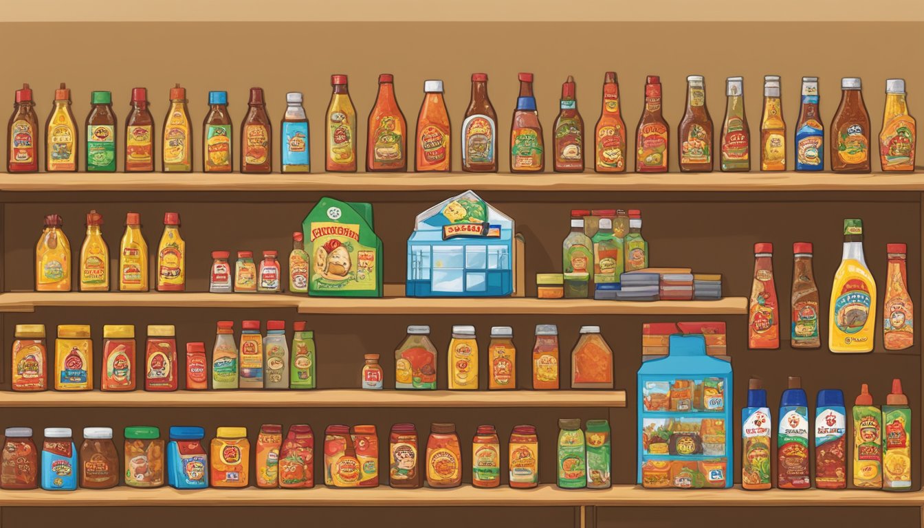 A display of Buc-ee's hot sauce and other products arranged on a shelf, with a teacher-themed backdrop and a gift tag