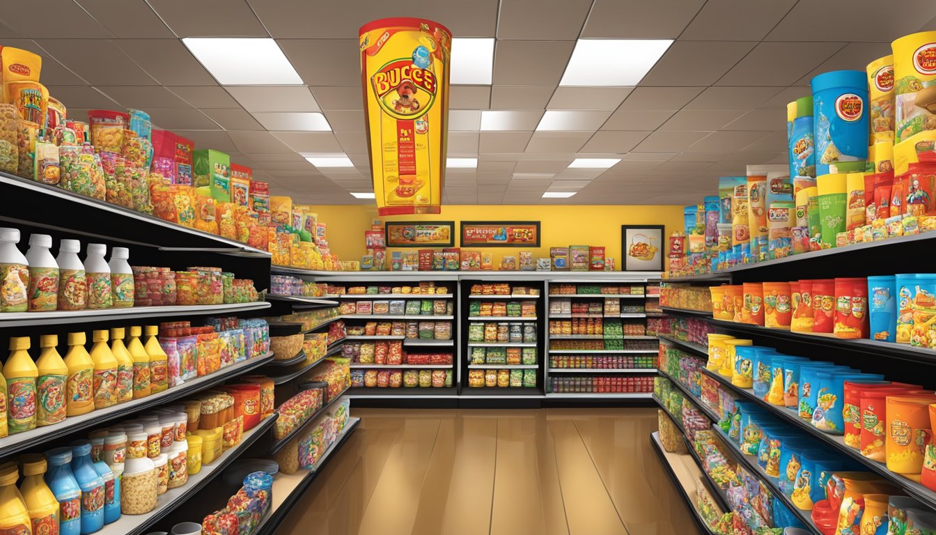 A colorful display of Buc-ee's products, including mugs, snacks, and souvenirs, arranged on shelves with a friendly and inviting atmosphere