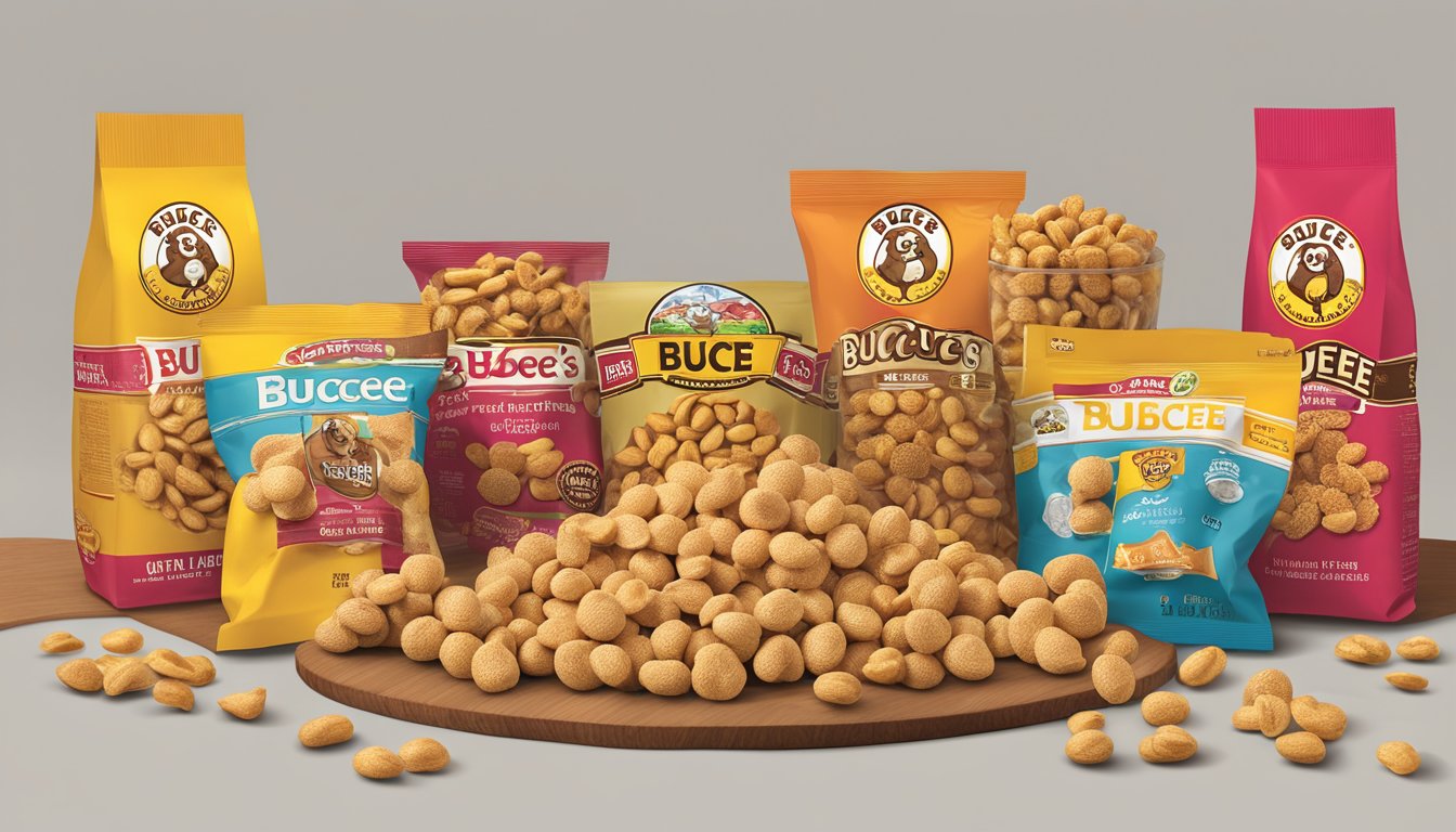 A display of Buc-ee's Peanut Clusters and other snacks, arranged by sugar content, with the Buc-ee's logo visible