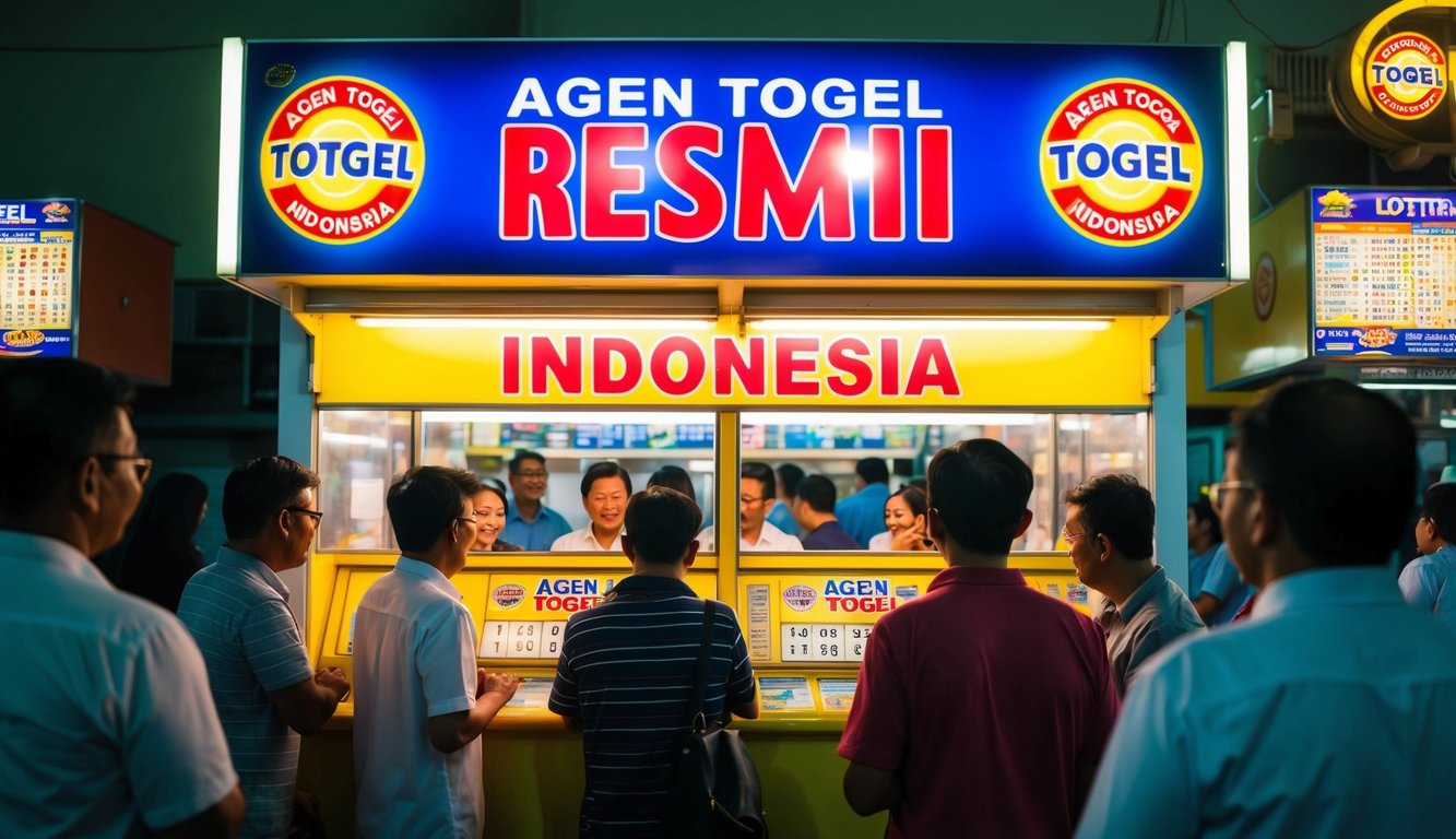 Sebuah stan tiket lotere yang terang benderang dengan tanda "Agen togel resmi Indonesia" yang mencolok, dikelilingi oleh pelanggan yang antusias