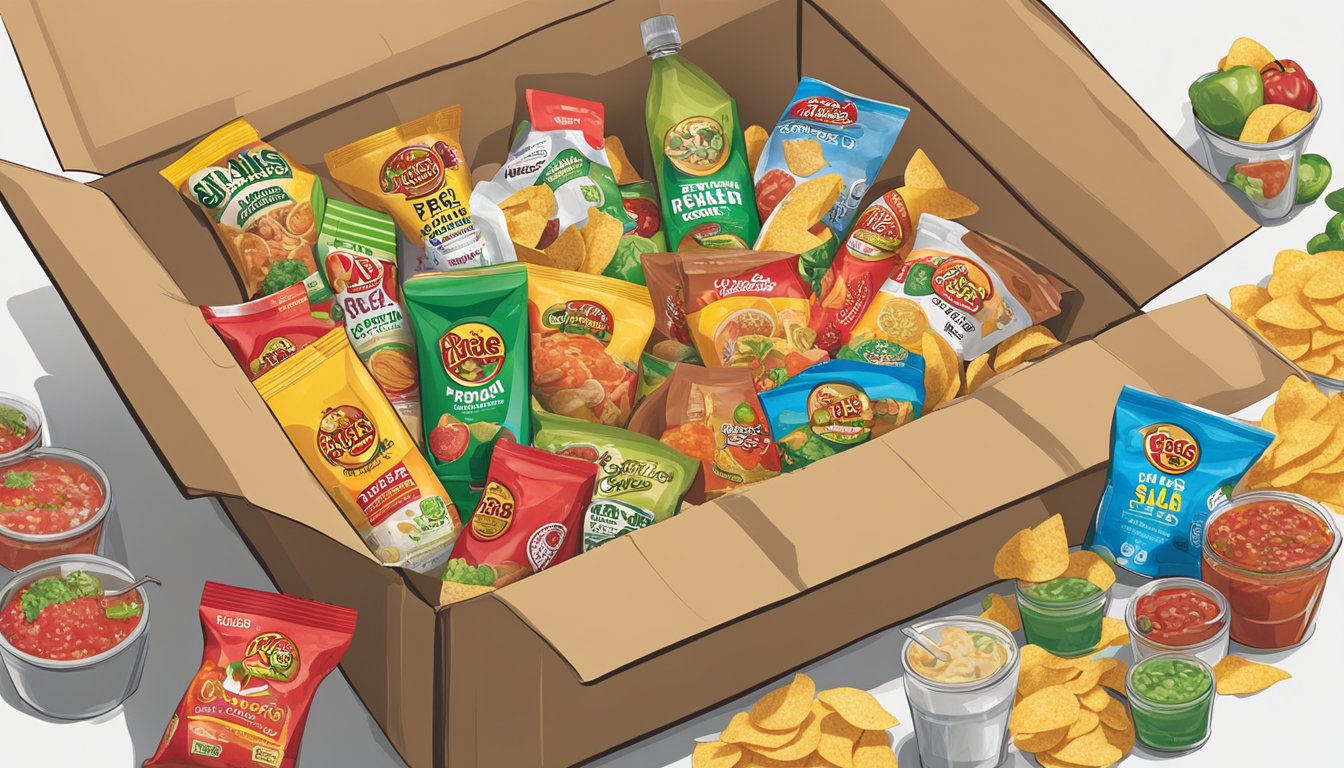 A colorful array of Buc-ee's Salsa Fresca, chips, and other items arranged in a care package box, ready to be sent off to a college student