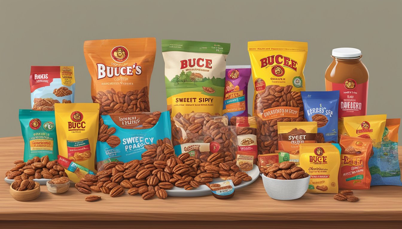 A colorful assortment of Buc-ee's Sweet & Spicy Pecans and other college care package items arranged on a table