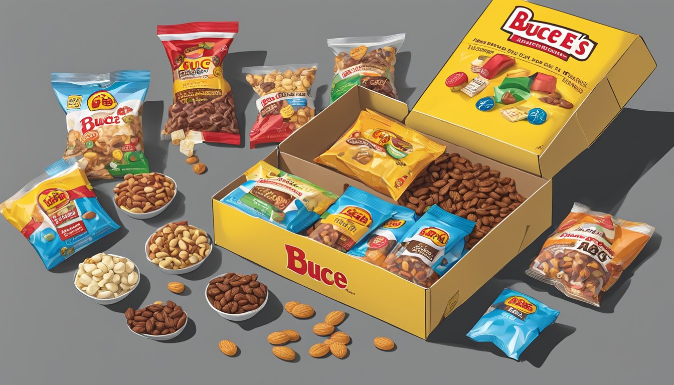 A colorful assortment of Buc-ee's branded snacks and trail mix spills out of a care package box, including beef jerky, nuts, and candy