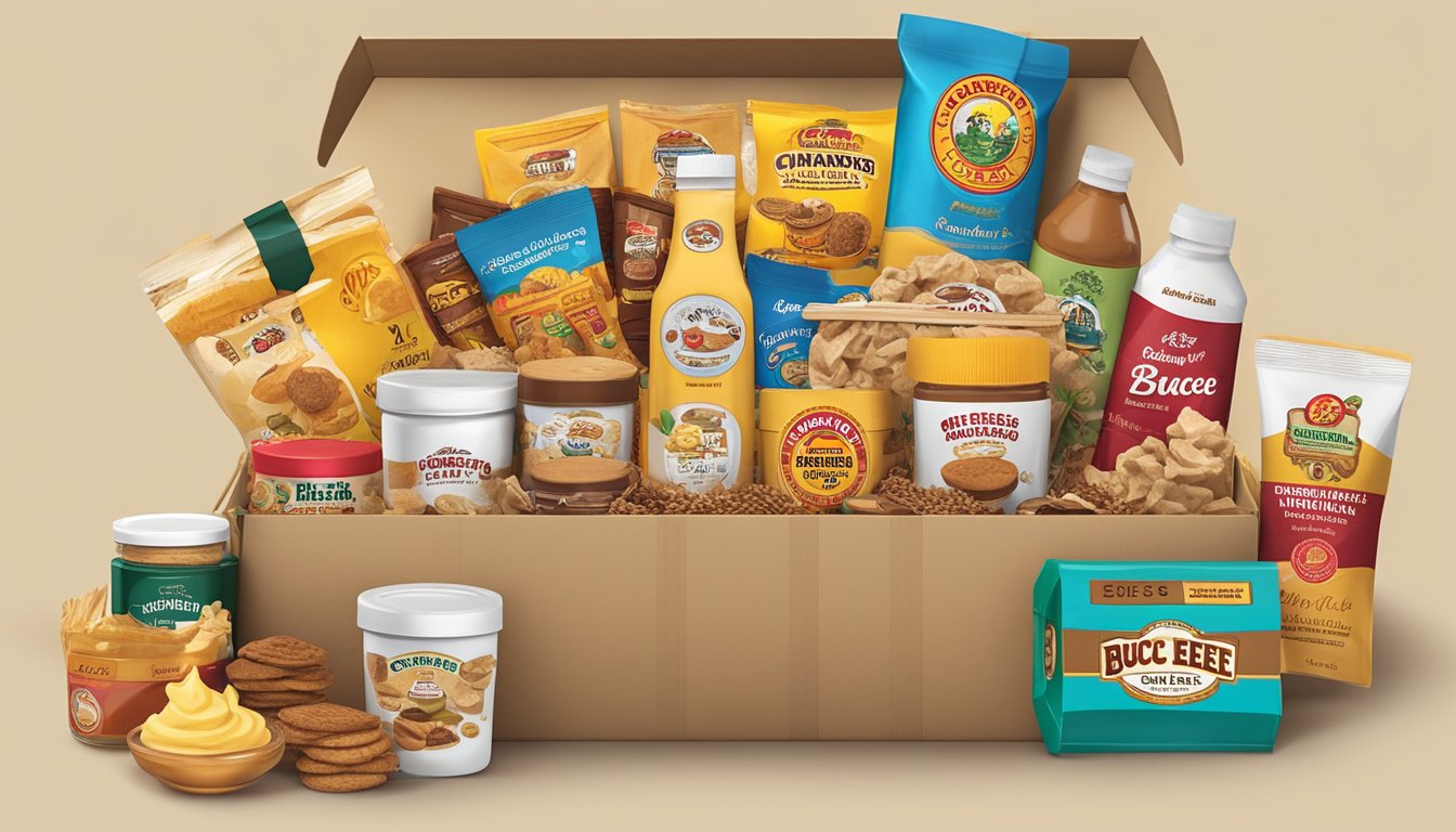 A college care package filled with Buc-ee's Cinnamon Honey Butter and other Buc-ee's items, arranged neatly in a gift box