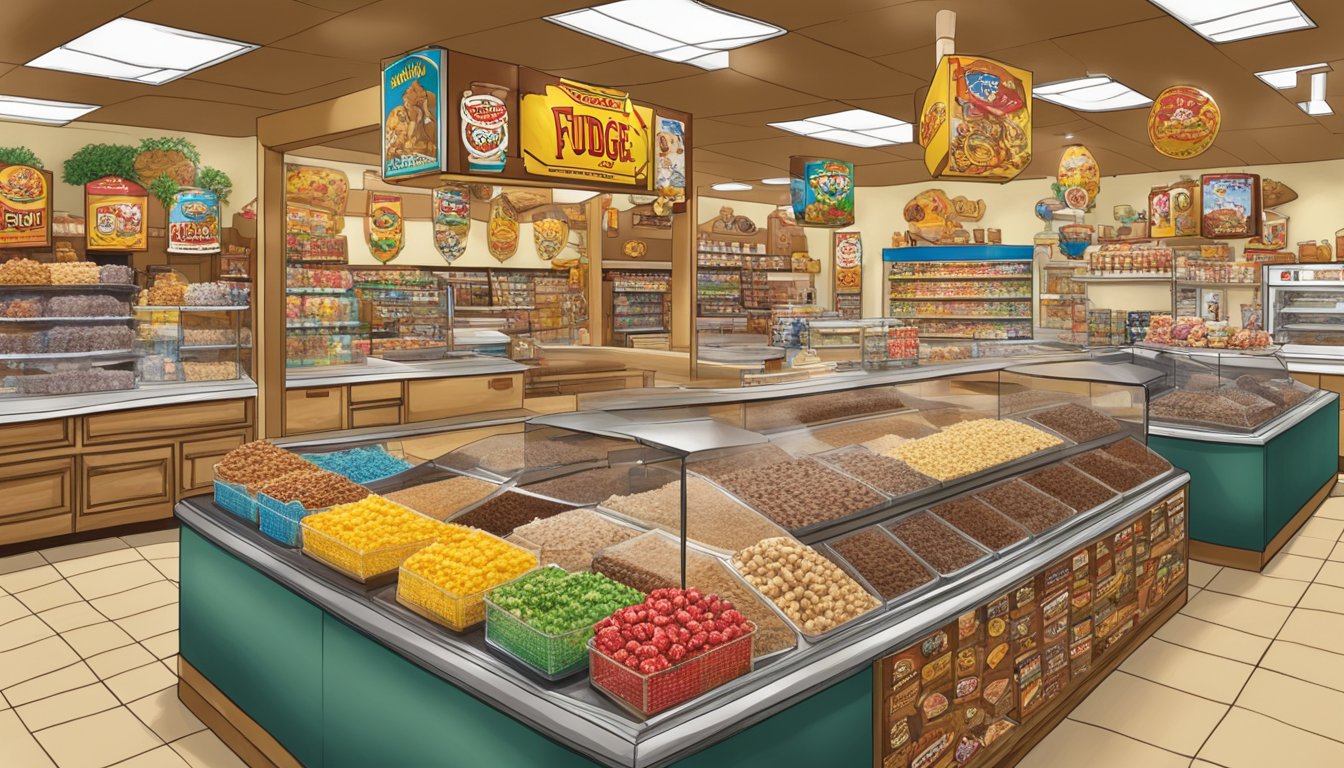 A display of freshly made fudge in a Buc-ee's store, surrounded by Texas-themed merchandise and iconic symbols of the Lone Star State