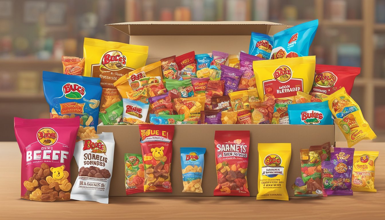 A colorful assortment of Buc-ee's Gummi Bears, beef jerky, and other snacks arranged in a care package box