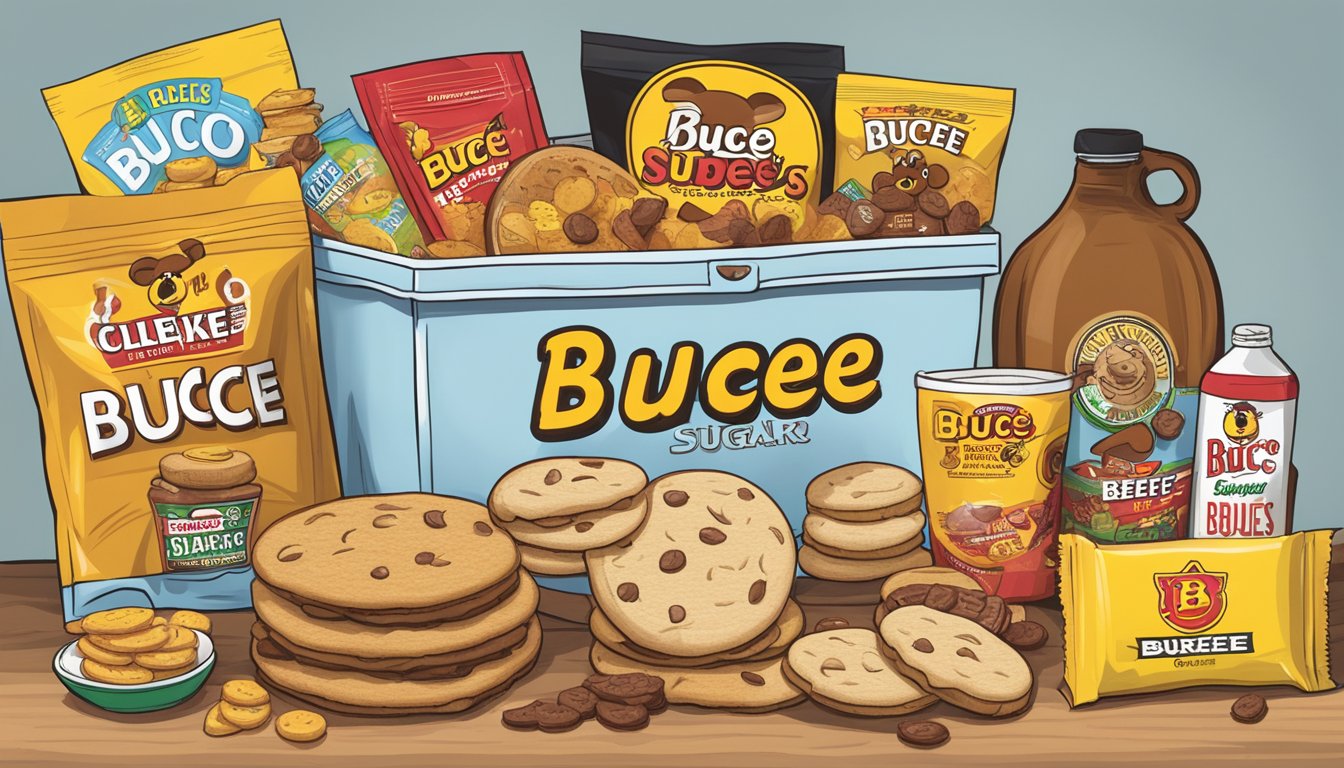 A colorful care package includes Buc-ee's sugar cookies, beef jerky, and other snacks, along with a Buc-ee's t-shirt and keychain