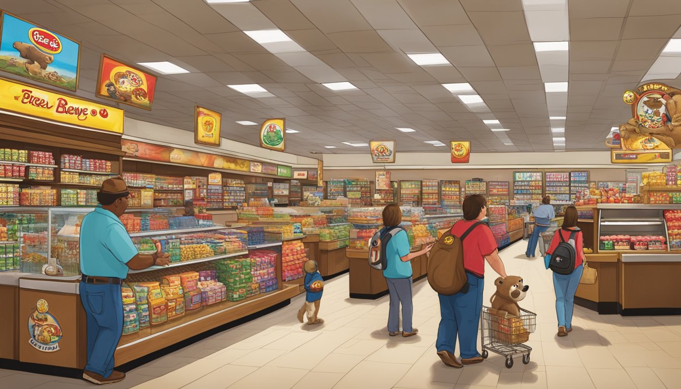 A bustling Buc-ee's store with a giant beaver mascot, fuel pumps, and shelves stocked with Texan souvenirs. Customers browse and chat with staff