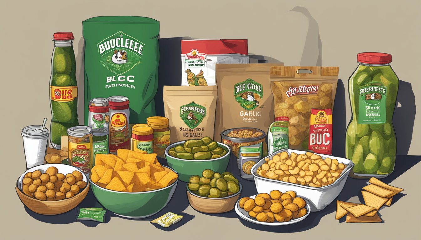 A college care package with Buc-ee's Hot Garlic Pickles, snacks, and drinks arranged on a table