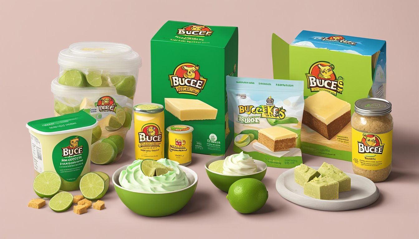 A colorful display of Buc-ee's Key Lime Pie Fudge and other college care package items arranged on a table