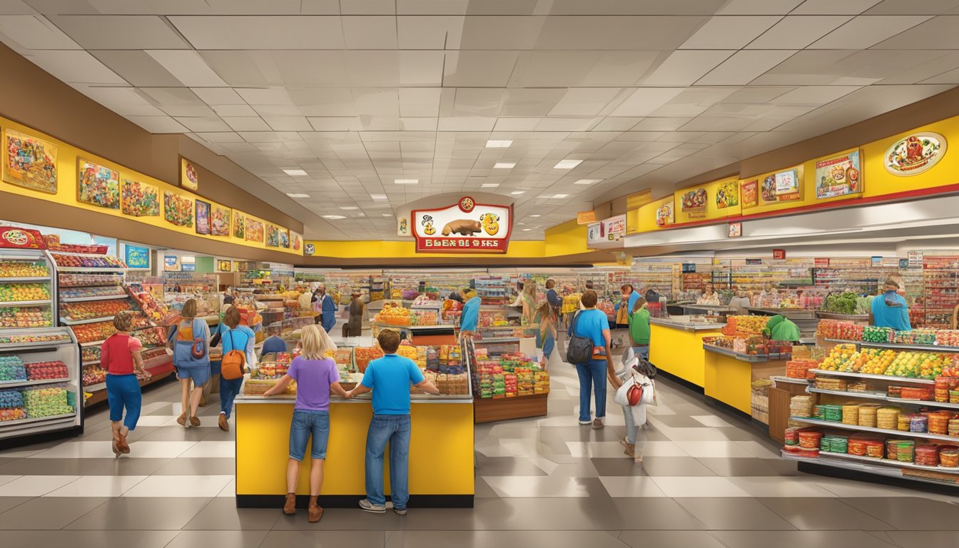 A bustling Buc-ee's store with a line of happy customers, iconic beaver mascot, and a plethora of Texas-themed products on display