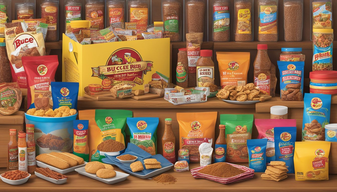 A college care package filled with Buc-ee's BBQ Rub and 14 other Buc-ee's items arranged in a colorful and inviting display