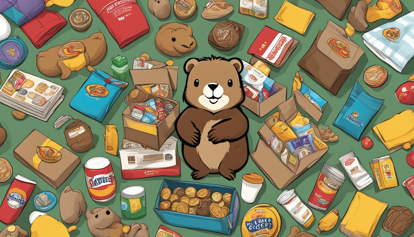 A plush toy beaver surrounded by 15 Buc-ee's items arranged in a college care package