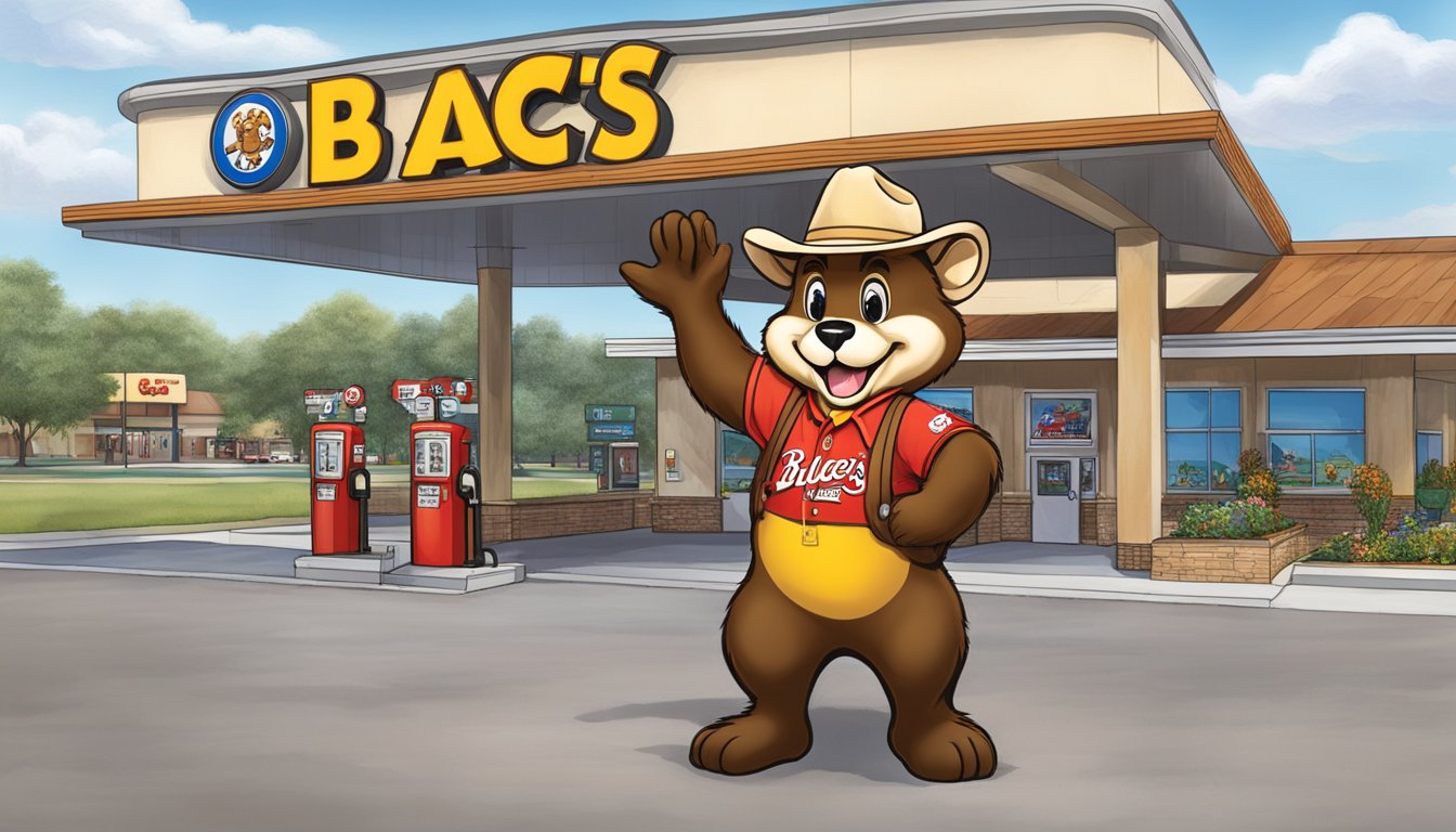 A larger-than-life Buc-ee's beaver mascot stands proudly in front of a bustling gas station and convenience store, surrounded by iconic Texas symbols like bluebonnets and cowboy hats