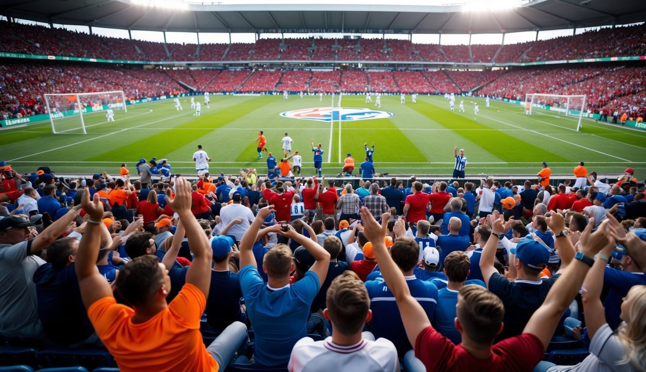 Sebuah stadion olahraga yang ramai dengan penggemar yang bersorak dan pemain di lapangan