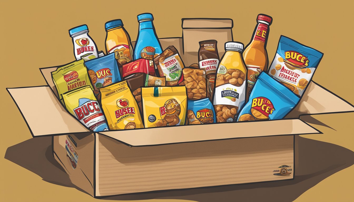 A college care package filled with Buc-ee's items: snacks, drinks, and merchandise neatly arranged in a sturdy cardboard box with protective padding