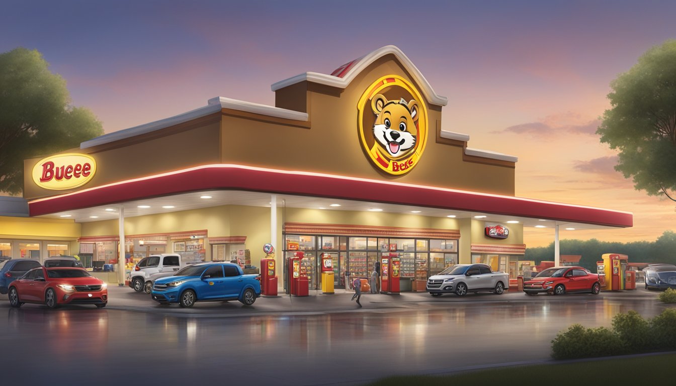 A bustling Buc-ee's gas station and convenience store with bright lights, busy pumps, and a large iconic beaver mascot