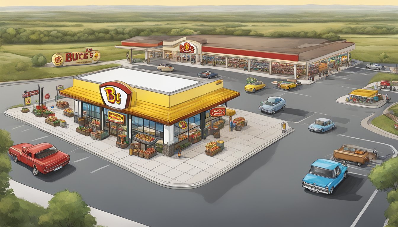 A bustling Buc-ee's store with iconic beaver mascot, gas pumps, snacks, and merchandise, surrounded by Texas landscape and highways