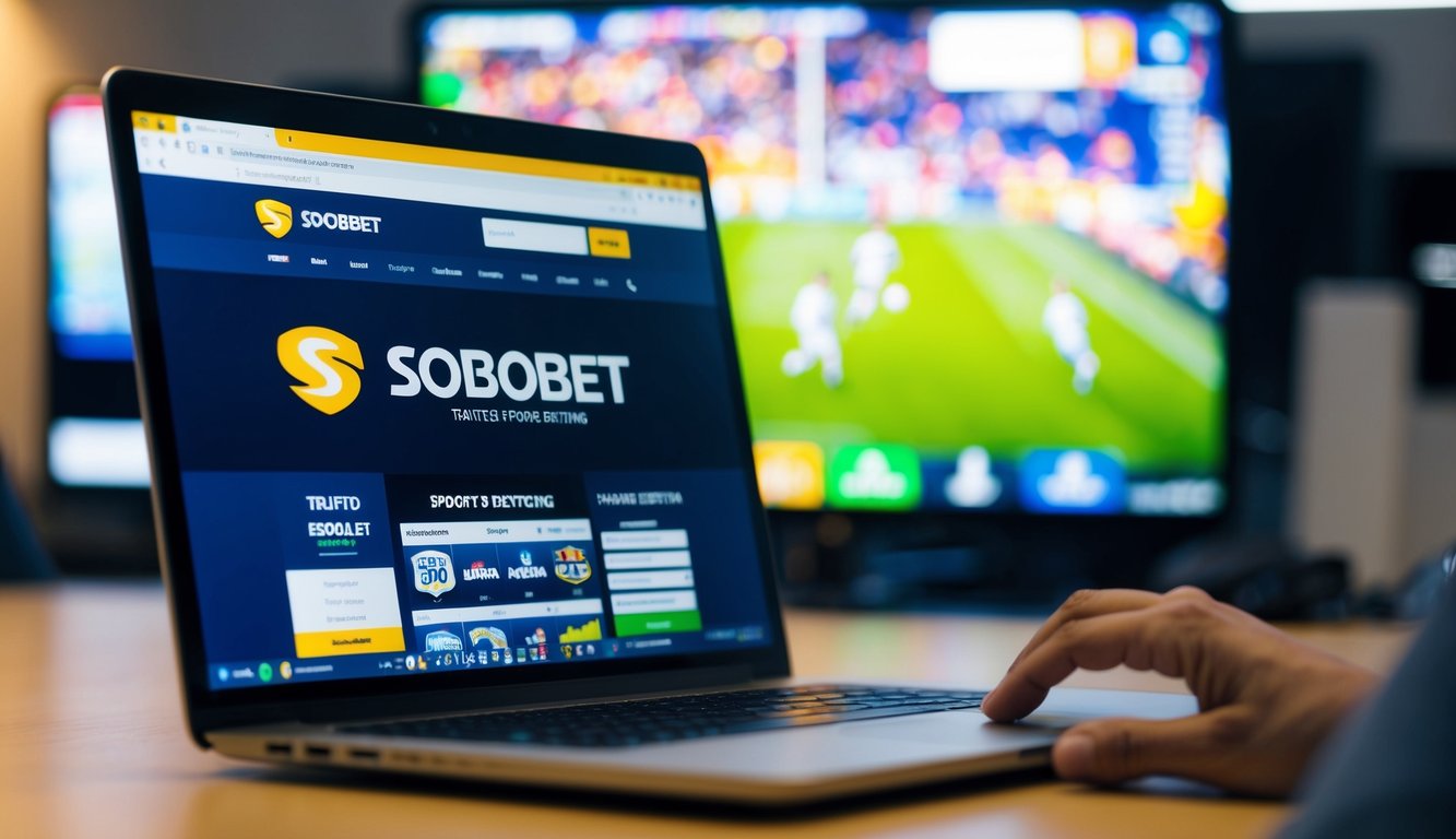 Sebuah layar komputer menampilkan halaman utama situs Sbobet yang tepercaya, dengan logo dan berbagai opsi taruhan olahraga yang terlihat