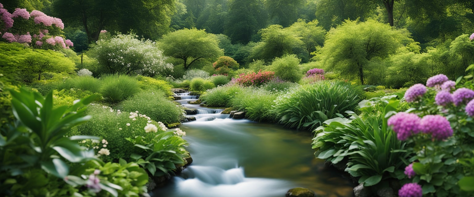 A serene garden with blooming flowers, a flowing stream, and a clear blue sky, surrounded by lush greenery and vibrant wildlife