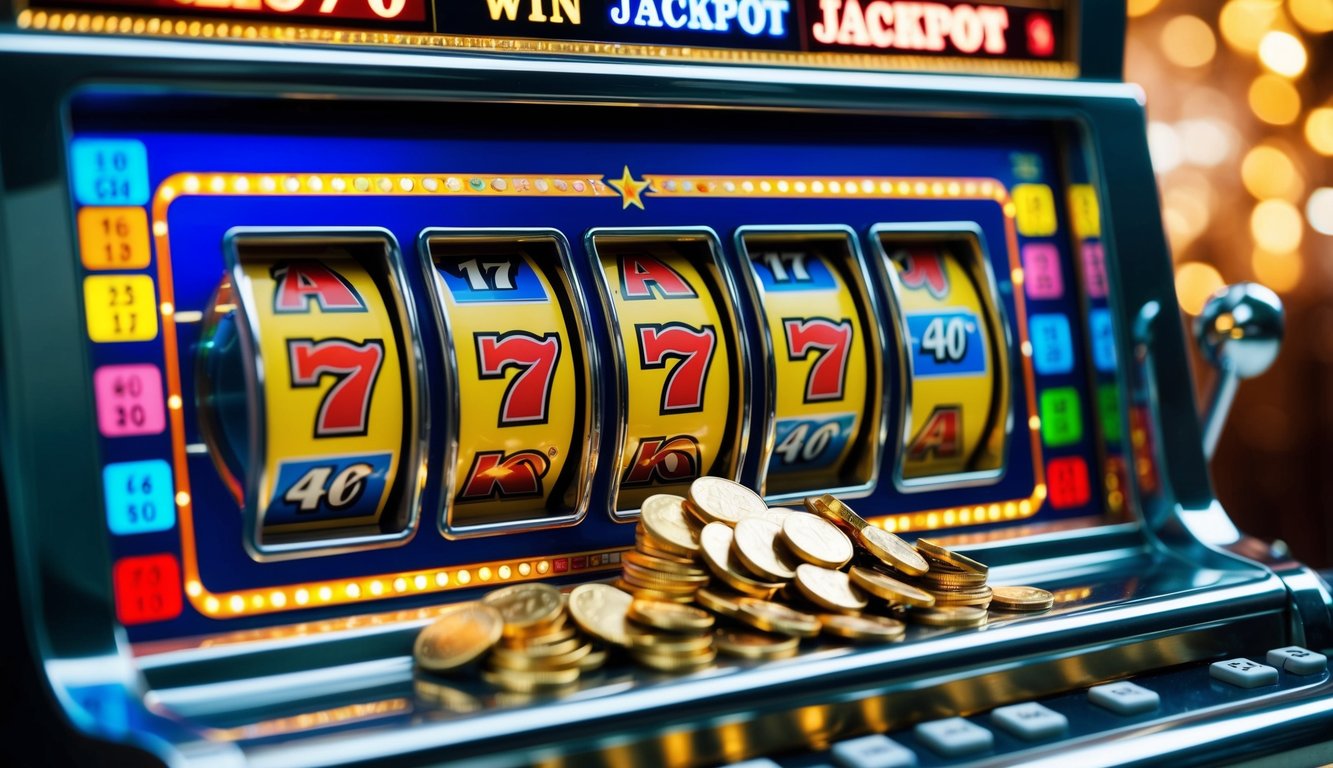 Sebuah mesin slot berwarna-warni menampilkan kemenangan jackpot besar. Lampu berkedip dan koin tumpah keluar sebagai perayaan.