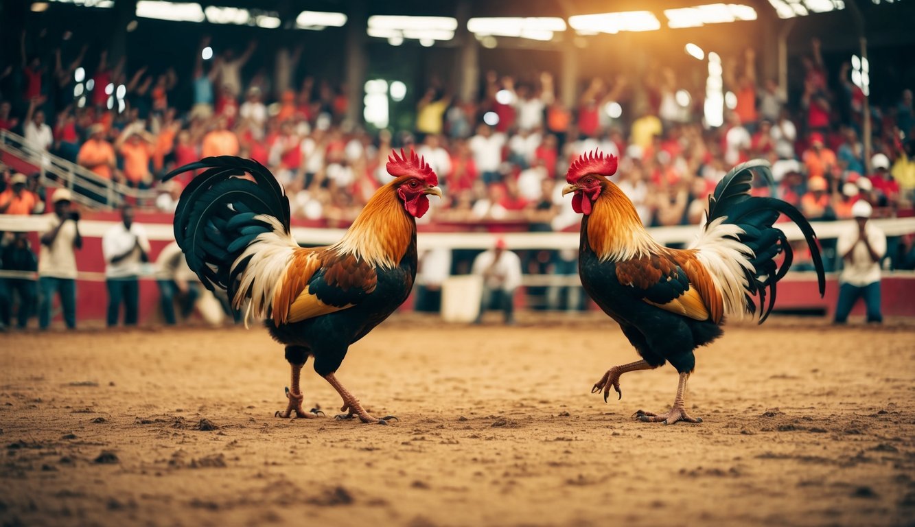 Sebuah arena sabung ayam yang meriah dengan penonton yang bersorak dan dua ayam jantan yang garang berhadapan di tengah