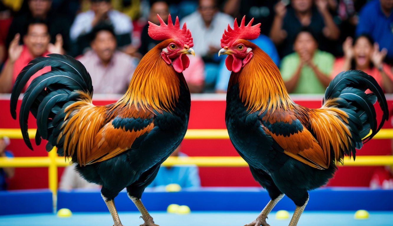 Dua ayam jantan berhadapan di arena sabung ayam online yang ramai. Burung-burung tersebut dikelilingi oleh penonton yang bersorak dan suasana yang meriah.