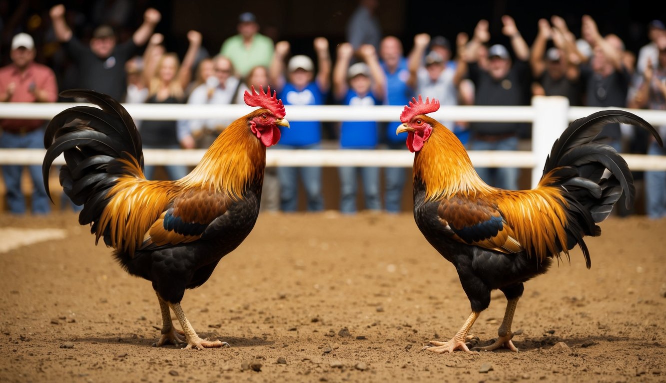 Dua ayam jantan saling berhadapan di dalam lubang tanah yang dikelilingi oleh penonton yang bersorak