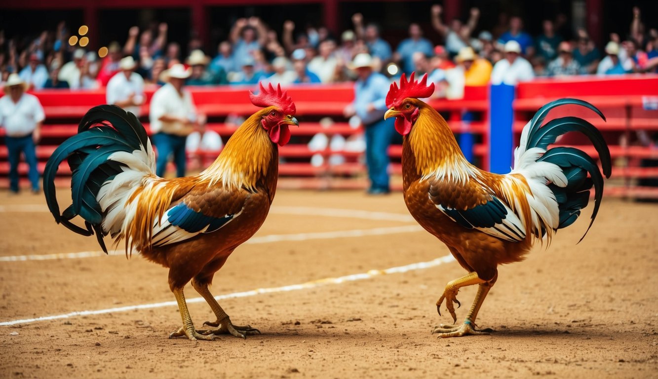 Sebuah arena yang meriah dengan dua ayam jantan yang berhadapan dalam acara sabung ayam resmi. Kerumunan bersorak saat burung-burung terlibat dalam pertarungan sengit.