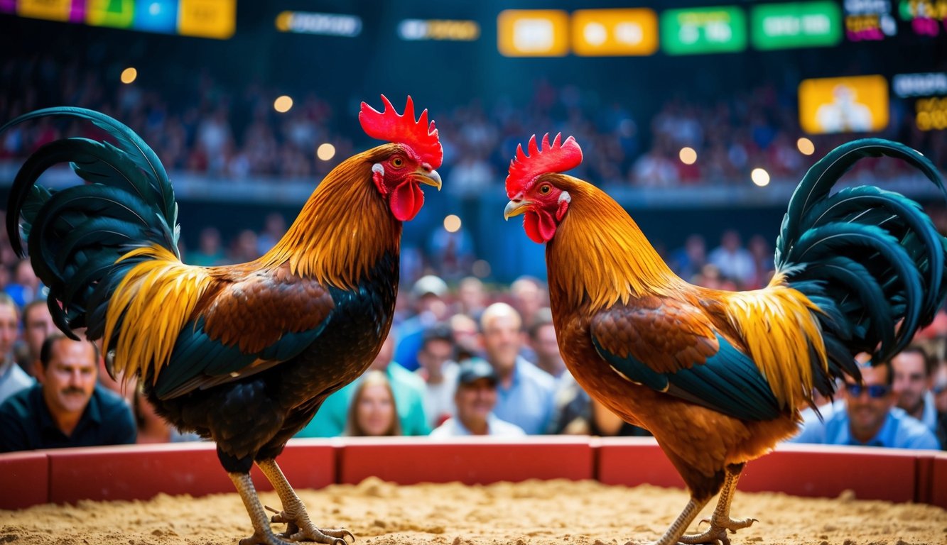 Dua ayam jantan berhadapan di arena sabung ayam online yang ramai, dikelilingi oleh penonton virtual yang bersorak dan antarmuka taruhan yang berwarna-warni.