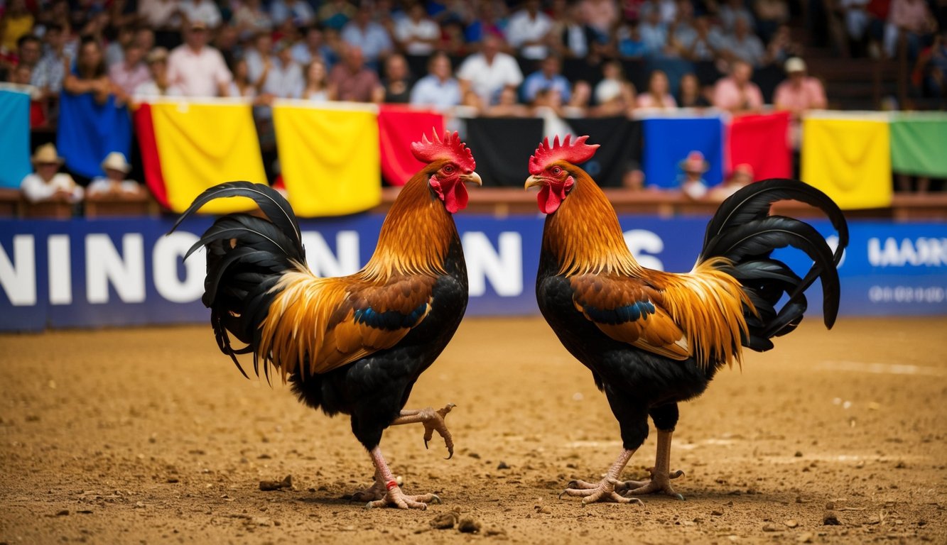 Sebuah arena yang ramai dengan dua ayam jantan yang berhadapan dalam pertarungan sengit, dikelilingi oleh penonton yang bersorak dan spanduk berwarna-warni