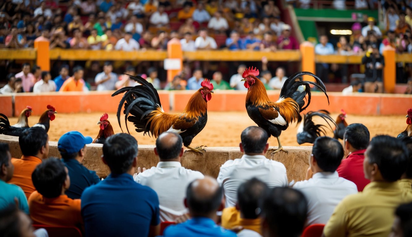 Sebuah arena yang ramai dengan ayam jantan bertarung dalam acara sabung ayam terpercaya yang disiarkan langsung. Penonton bersorak dan memasang taruhan.