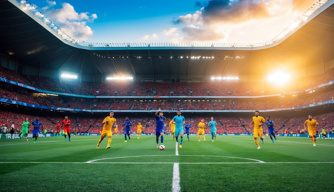 Sebuah stadion sepak bola yang ramai dipenuhi dengan penggemar yang bersorak dan pemain yang beraksi di lapangan