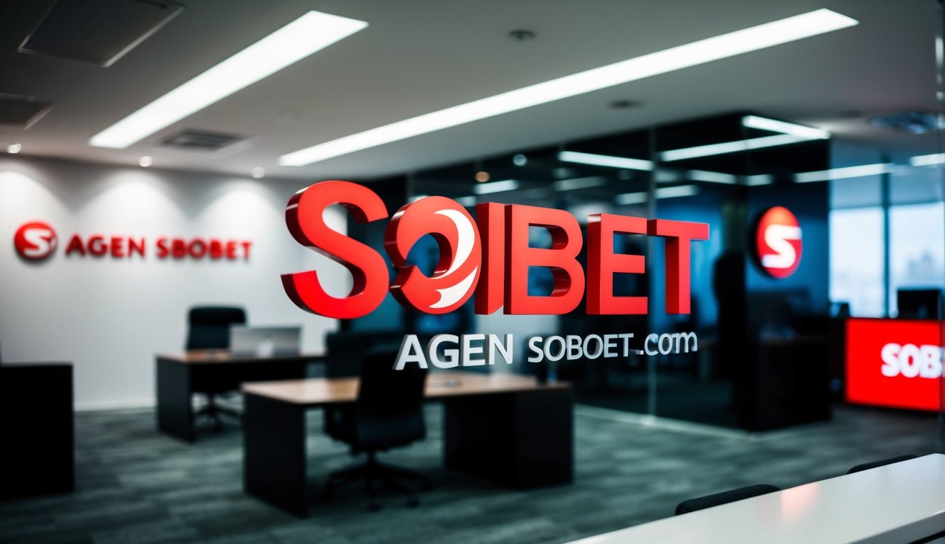 Kantor agen sbobet dengan interior modern dan logo yang ditampilkan secara mencolok