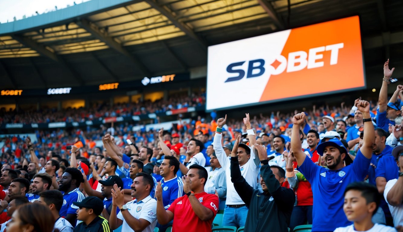 Sebuah stadion olahraga yang ramai dengan penggemar yang bersorak dan papan skor yang menampilkan logo Sbobet