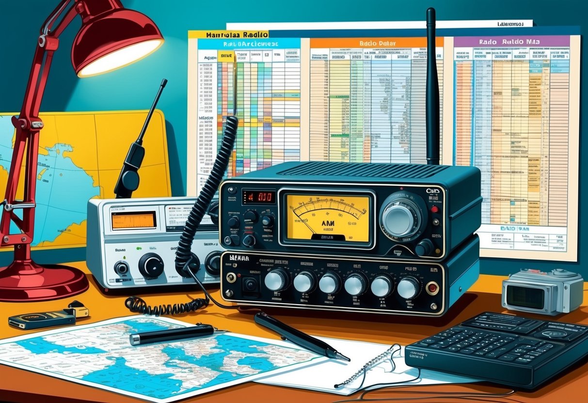 A cluttered desk with a ham radio, frequency charts, and a map of radio band plans