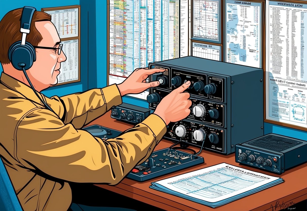 A ham radio operator adjusts dials and switches on a control panel, surrounded by frequency charts and band usage guides