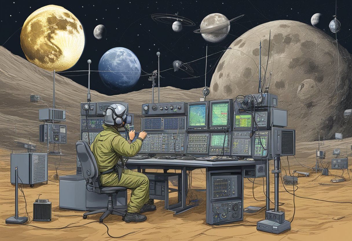 A ham radio operator bounces signals off the moon, surrounded by radio equipment and antennas