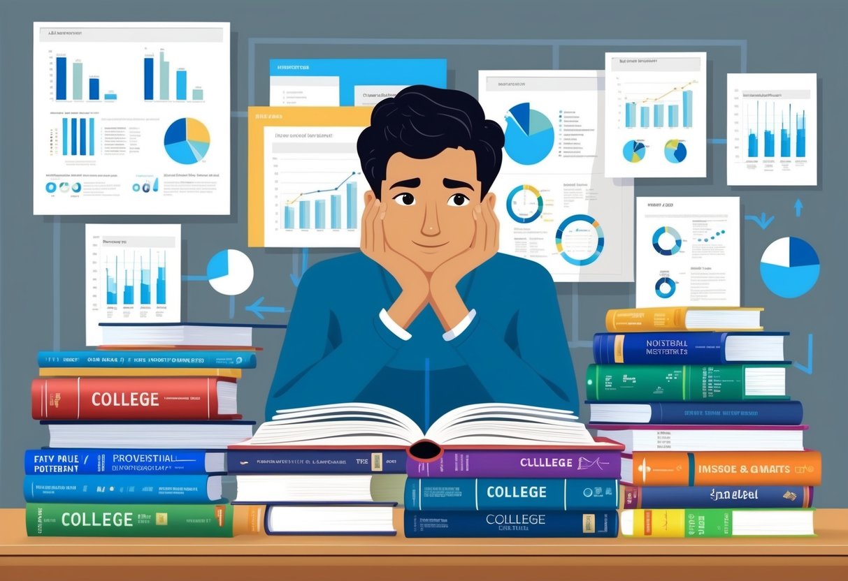 A person pondering over a variety of college textbooks, surrounded by charts, graphs, and diagrams, with a thoughtful expression on their face