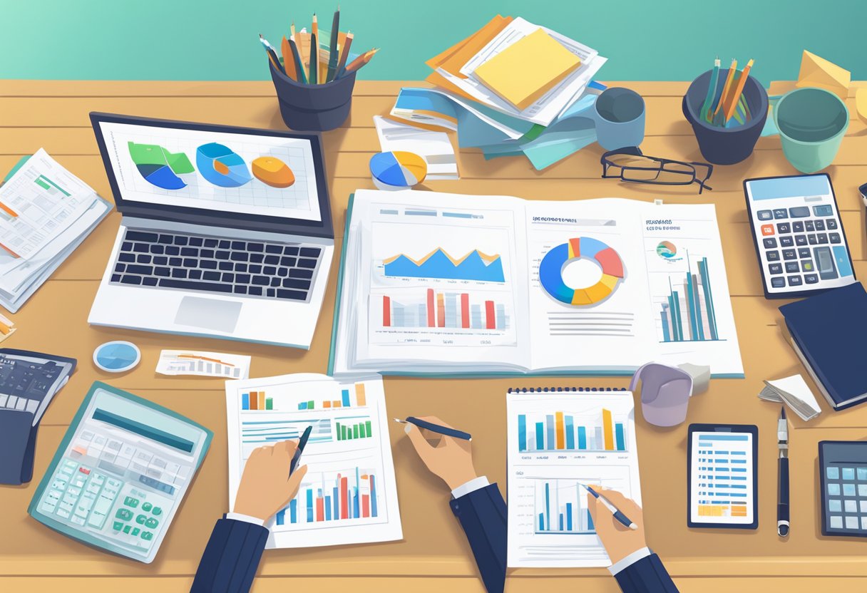 A group of diverse financial products arranged on a table, including RDSPs, RRSPs, TFSAs, and savings accounts, with charts and graphs in the background